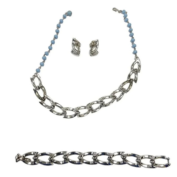 Vintage Jewelry - Vintage Light Blue Enamel Choker Necklace Earrings and Bracelet Set Silver Tone